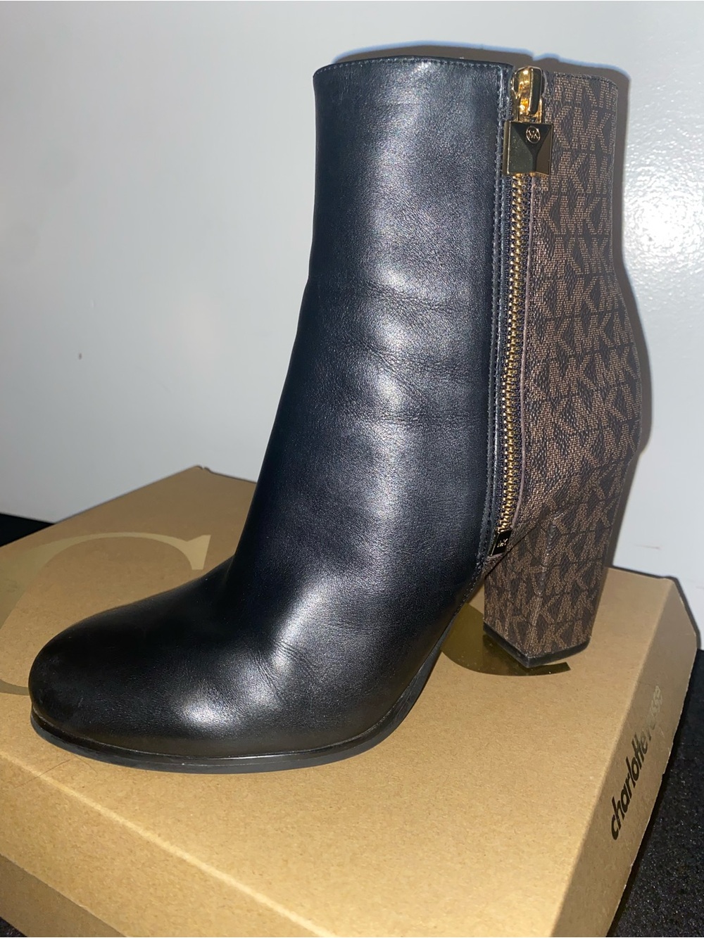 Michael Kors Black Leather & Brown Logo-Print Block Heel Ankle Boot